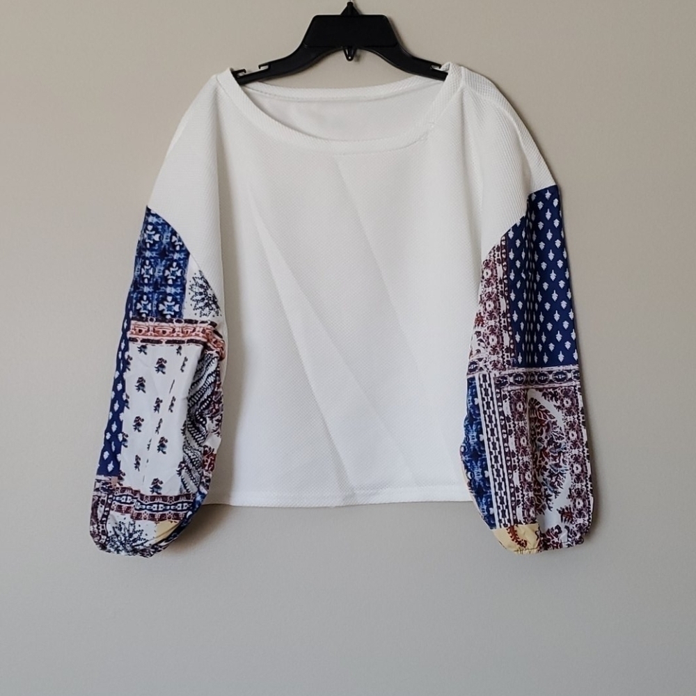 Chic White Blouse with Colorful Patchwork Sleeves - image 3